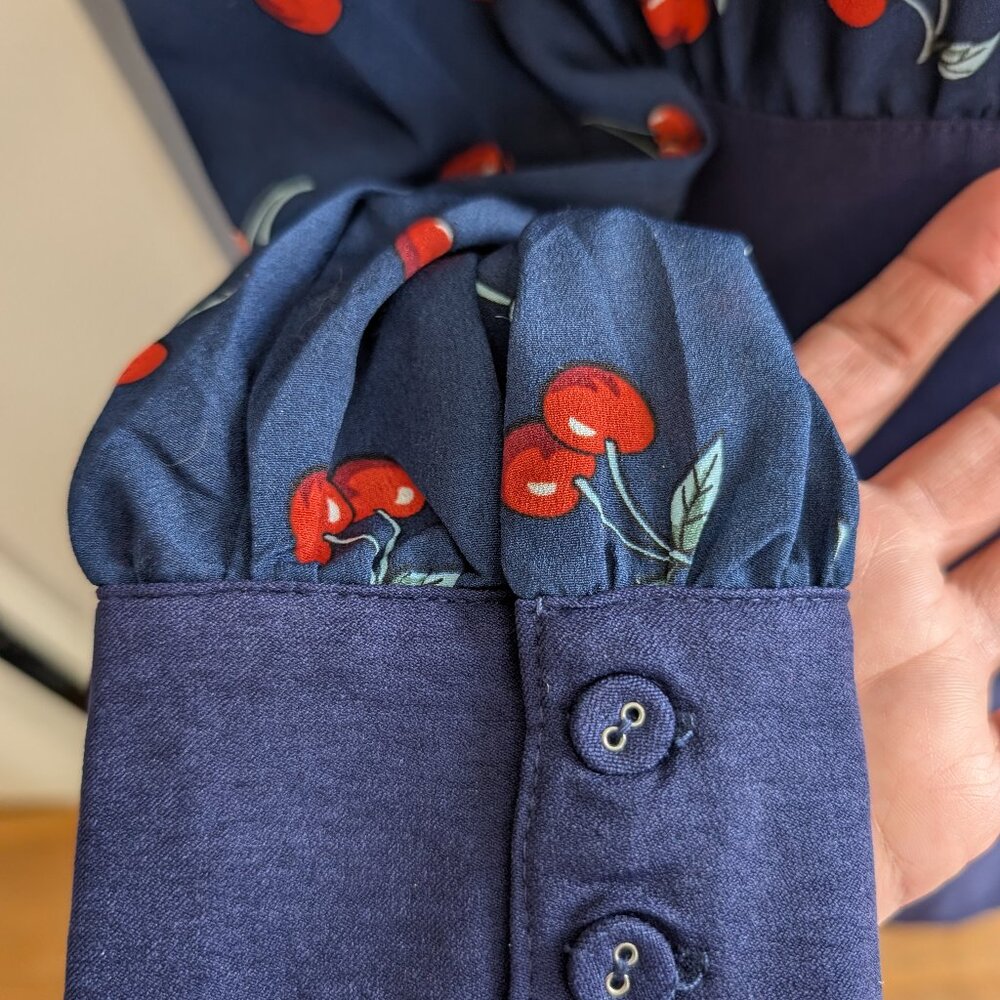 NWT Unique Vintage Navy Cherry Print Bishop Sleeve Wiggle Pencil Dress L(10/12) - Picture 12 of 13